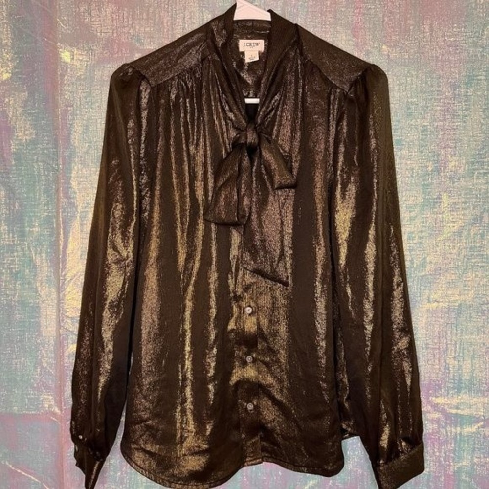 J.Crew Metallic Tie Neck Button Up Blouse size small.